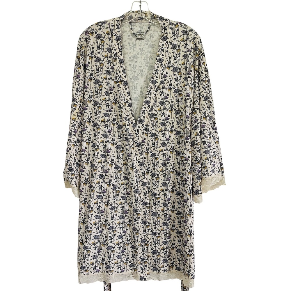 ThirdLove‎ 1X Floral Lace Trim Kimono Robe Cream Purple Modal Wrap Lingerie EUC